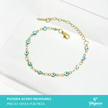 Cargar imagen en el visor de la galería, Pulsera Ojo Turco Verde Turquesa Dorada (18cm-4mm) Acero Inoxidable
