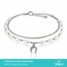 Cargar imagen en el visor de la galería, Pulsera Tobillera Luna y Perlas Plateado Acero Inoxidable

