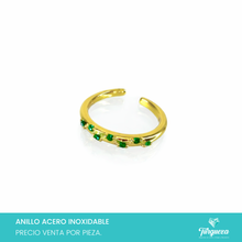Load image into Gallery viewer, Anillo Zirconias Verdes Dorado Acero Inoxidable

