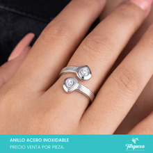 Load image into Gallery viewer, Anillo Gota doble con zirconia Ajustable Plateado Acero Inoxidable
