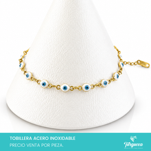 Cargar imagen en el visor de la galería, Pulsera Tobillera Ojos Blanco-Azul Dorado Acero Inoxidable
