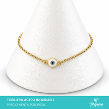 Cargar imagen en el visor de la galería, Pulsera Tobillera Ojo Blanco-Azul Dorado Acero Inoxidable
