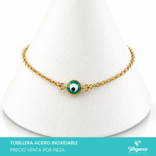 Cargar imagen en el visor de la galería, Pulsera Tobillera Ojo Turquesa Dorado Acero Inoxidable
