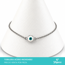 Cargar imagen en el visor de la galería, Pulsera Tobillera Ojo Blanco-Azul Plateado Acero Inoxidable
