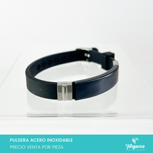 Load image into Gallery viewer, Brazalete Caucho Negro (21cm-1cm) Acero Inoxidable
