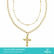 Cargar imagen en el visor de la galería, Collar Doble con Cruz Dorado Acero Inoxidable
