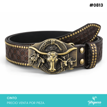 Cargar imagen en el visor de la galería, Cinto Vaquero para Dama Café Hebilla Toros Dorado Viejo #0813
