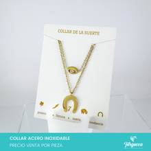 Cargar imagen en el visor de la galería, Collar Suerte Doble Ojo y Herradura Dorado Acero Inoxidable
