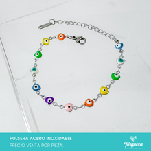 Cargar imagen en el visor de la galería, Pulsera Ojo Turco Corazones Multicolor Plateada (18cm-4mm) Acero Inoxidable
