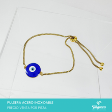 Cargar imagen en el visor de la galería, Pulsera Ojo Azul Dorado Acero Inoxidable
