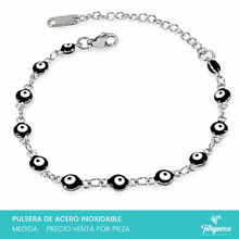 Cargar imagen en el visor de la galería, Pulsera Ojo Turco Negro Plateada (18cm-4mm) Acero Inoxidable
