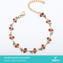 Cargar imagen en el visor de la galería, Pulsera Cerezas Rojas Dorado Acero Inoxidable
