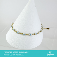 Cargar imagen en el visor de la galería, Pulsera Tobillera Ojos Blanco-Azul Dorado Acero Inoxidable
