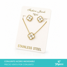 Cargar imagen en el visor de la galería, Conjunto Trebol Blanco Dorado Acero Inoxidable
