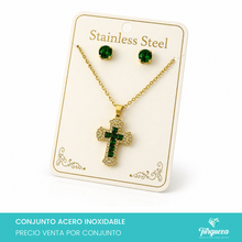 Cargar imagen en el visor de la galería, Conjunto Cruz Verde Dorado Acero Inoxidable
