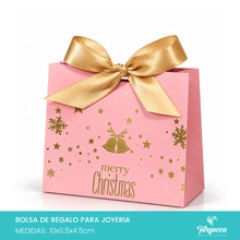 Cargar imagen en el visor de la galería, Pack 10 Envolturas de Regalo Navideña Rosa Merry Christmas con Moño Dorado (10x11.5x4.5cm)
