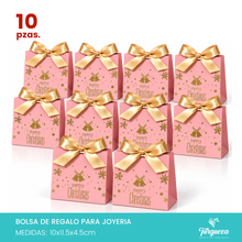 Cargar imagen en el visor de la galería, Pack 10 Envolturas de Regalo Navideña Rosa Merry Christmas con Moño Dorado (10x11.5x4.5cm)
