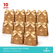 Load image into Gallery viewer, Pack 10 Envolturas de Regalo Navideña Cafe Dorado Merry Christmas con Moño Dorado (10x11.5x4.5cm)
