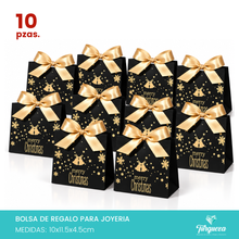 Load image into Gallery viewer, Pack 10 Envolturas de Regalo Navideña Negra Merry Christmas con Moño Dorado (10x11.5x4.5cm)
