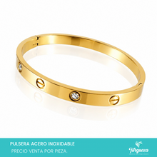 Cargar imagen en el visor de la galería, Brazalete Diseño Tornillo y Zirconias Dorado Acero Inoxidable
