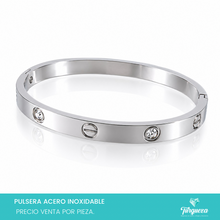 Cargar imagen en el visor de la galería, Brazalete diseño Tornillo y Zirconias Plateada Acero Inoxidable
