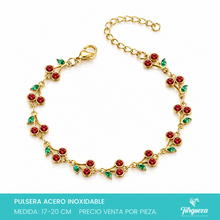 Cargar imagen en el visor de la galería, Pulsera Cerezas Rojas Dorado Acero Inoxidable

