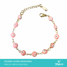 Load image into Gallery viewer, Pulsera Ojo Turco Rosa Claro Dorada (18cm-6mm) Acero Inoxidable
