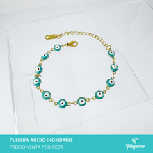 Cargar imagen en el visor de la galería, Pulsera Ojo Turco Turquesa Dorado (18cm-6mm) Acero Inoxidable
