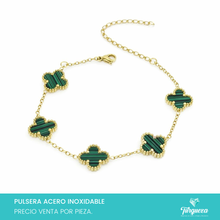 Load image into Gallery viewer, Pulsera Dupe Flor VC Doble Cara Verde Dorado Acero Inoxidable
