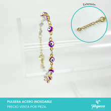 Cargar imagen en el visor de la galería, Pulsera Ojo Turco Morada Dorada (18cm-4mm) Acero Inoxidable
